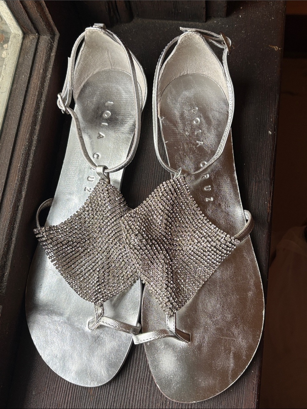 Lola Cruz silver crystal rhinestone mesh flat sandal Size 9.5 European Size 40